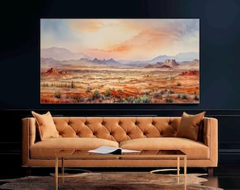 Arizona Desert Watercolor Canvas, Panoramic Landscape, Ready to Hang