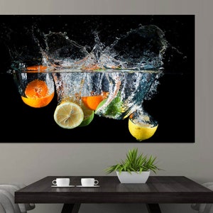 Fruit Water Splash Oranges Food Kitchen, Canvas wall art, Fruit Picture on canvas, kitchen canvas, kitchen wall art, kitchen Wall Decor Art.