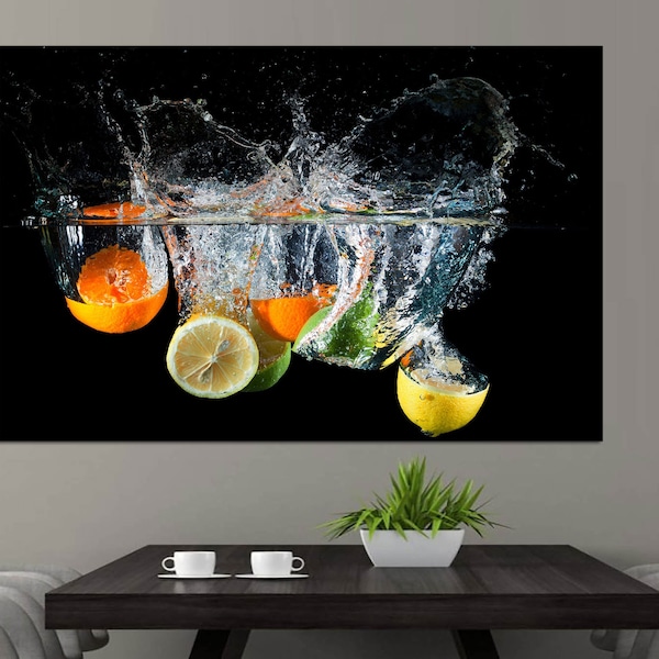 Fruit Water Splash Oranges Food Kitchen, Canvas wall art, Fruit Picture on canvas, kitchen canvas, kitchen wall art, kitchen Wall Decor Art.