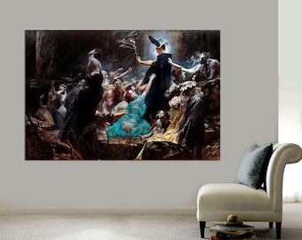 May include: A painting depicting a group of people in a dark forest setting. A figure in a blue robe and hat stands in the center, holding a staff. The figures are surrounded by trees and foliage, and the scene is lit by a single light source.