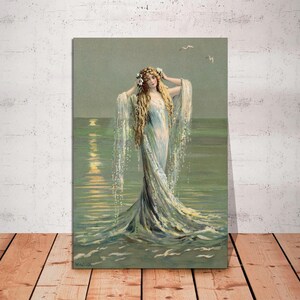 May include: A woman with long blonde hair wearing a white dress and a flower crown stands in the ocean. The water is a light blue and green color, and the sky is a light blue color. The woman is surrounded by water, and the waves are crashing around her.