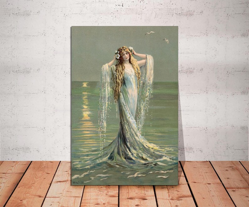 May include: A woman with long blonde hair wearing a white dress and a flower crown stands in the ocean. The water is a light blue and green color, and the sky is a light blue color. The woman is surrounded by water, and the waves are crashing around her.