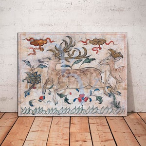 May include: A vintage illustration of three deer running through a field of flowers. The deer are painted in shades of brown and white, with black spots. The flowers are painted in shades of red, green, and blue. The background is a light beige color.