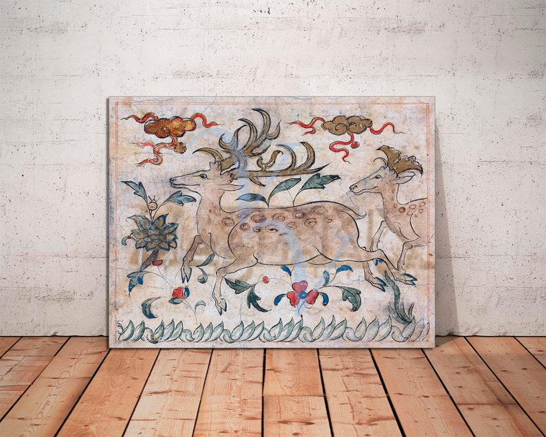 May include: A vintage illustration of three deer running through a field of flowers. The deer are painted in shades of brown and white, with black spots. The flowers are painted in shades of red, green, and blue. The background is a light beige color.