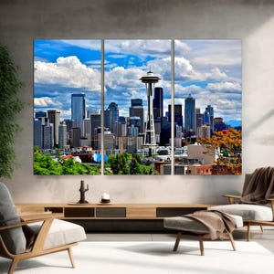 3-Panel Art, Seattle Cityscape Skyline Wall Art, Seattle Washington City Wall Art, Seattle Home Decor, Office Decor, CANVAS Ready to Hang.