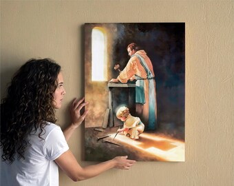 Baby Jesus in Carpenter Shop, Christian Art, Ready to Hang Canvas Print