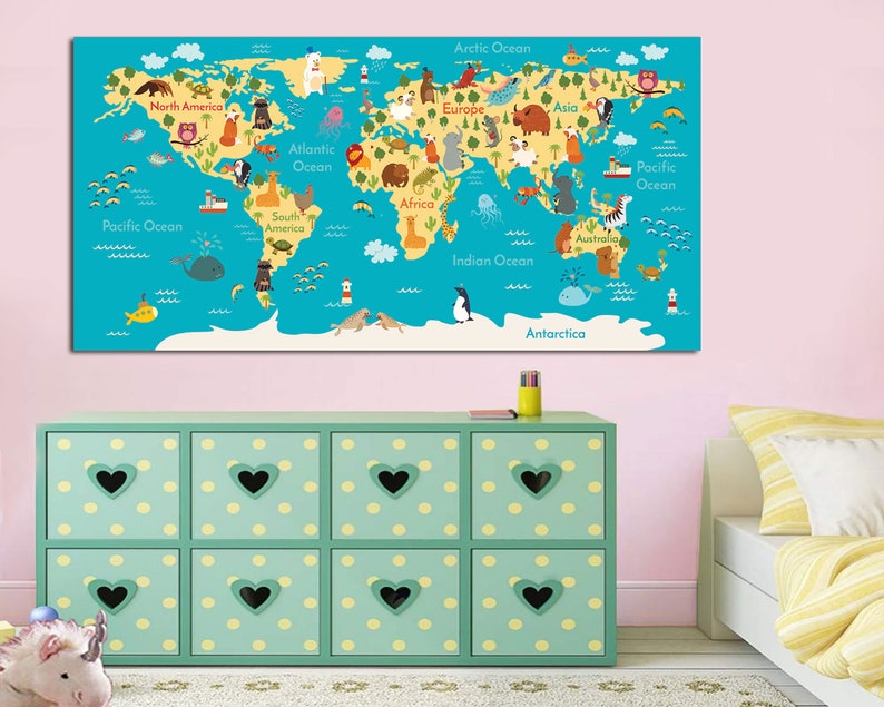 Animal World Map Print Kids World Map Poster Nursery World Etsy