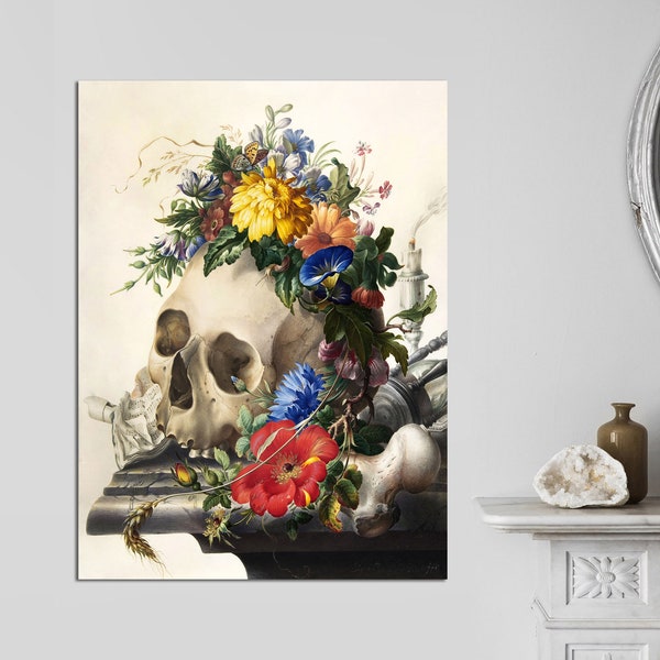 Vanitas Still Life Painting by Herman Henstenburgh printed on Canvas, Skeleton and Flowers, Museum Quality Print Canvas Art READY TO HANG.