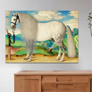 A Dappled Gray Stallion Tethered in a Landscape, Horse Wall Art, Horse Artwork,Vintage Horse Art, Gray Horse Art, CANVAS Print Ready to Hang