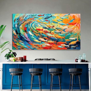 Abstract Fish Shoal Wall Art, Large Canvas Print, Colorful Ocean Fish Modern Art, Sea Animal Artwork, Coastal Art Ready to Hang Home Decor.
