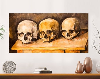 May include: Three human skulls painted in a watercolor style, resting on a wooden table with a dark brown background.