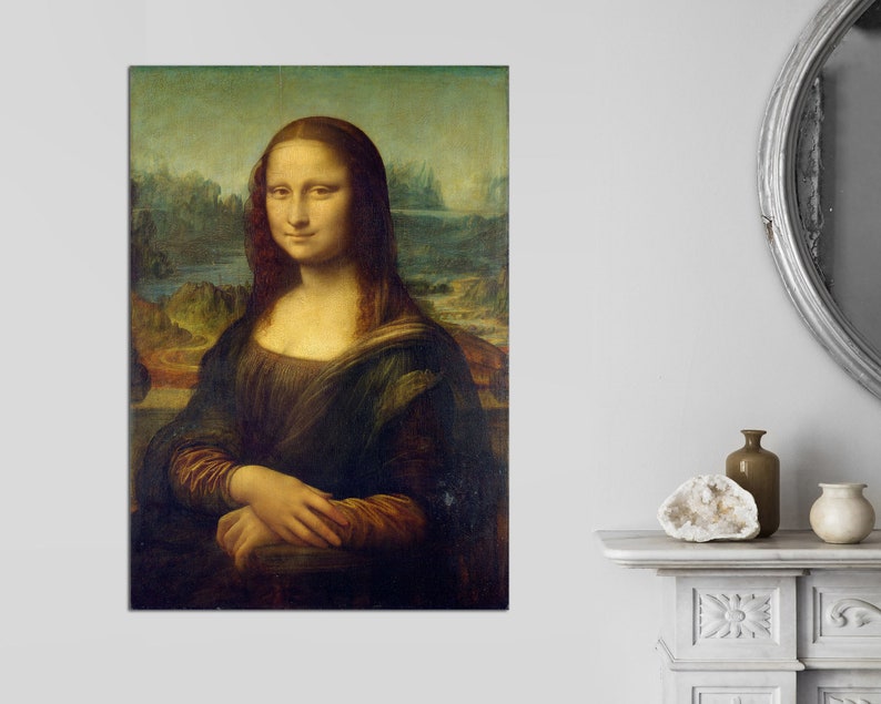 May include: A painting of a woman with a soft smile, wearing a dark dress and a light background. The woman's hair is long and dark, and her eyes are brown. The painting is in a realistic style.