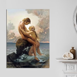 May include: A painting of a couple embracing on a rocky outcropping in the ocean. The man is holding a fishing rod and the woman is wearing a flowing white dress. The sky is a vibrant blue with fluffy white clouds.