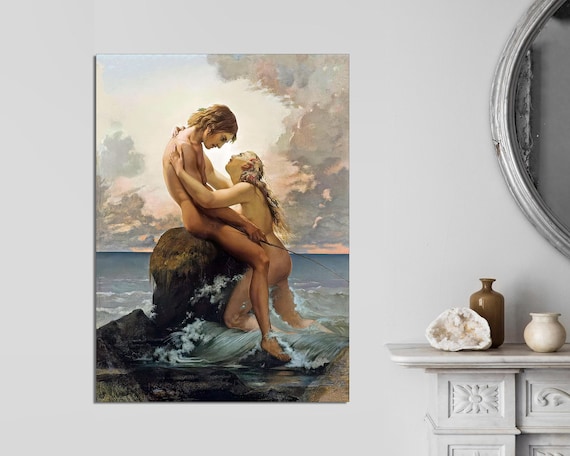 Classic Art Print Canvas - The Nymph and the Fisherman by Said Henri Lehmann, Karl-Henri-Rodolphe-Heinrich Salem Wall Decor Ready to Hang.