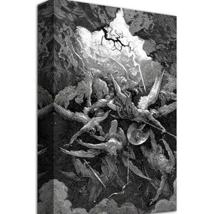 May include: A black and white illustration of a scene from the biblical story of the fall of Lucifer. Angels with swords and shields are fighting against fallen angels with wings.