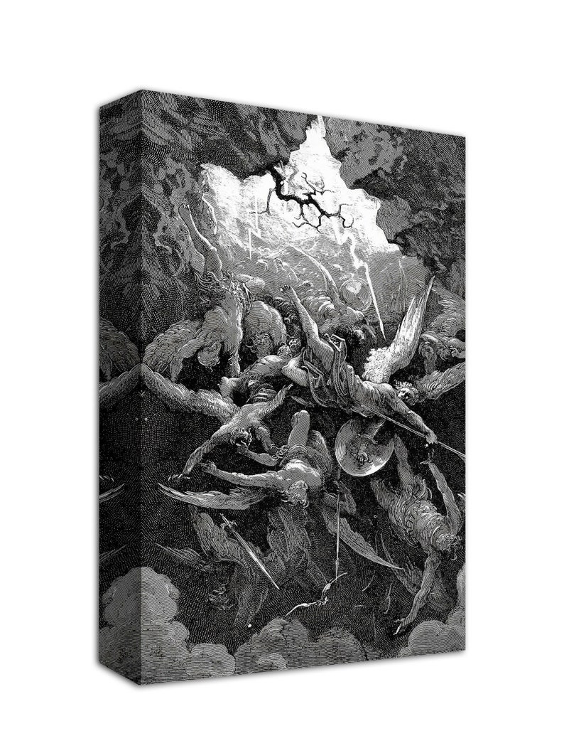 May include: A black and white illustration of a scene from the biblical story of the fall of Lucifer. Angels with swords and shields are fighting against fallen angels with wings.