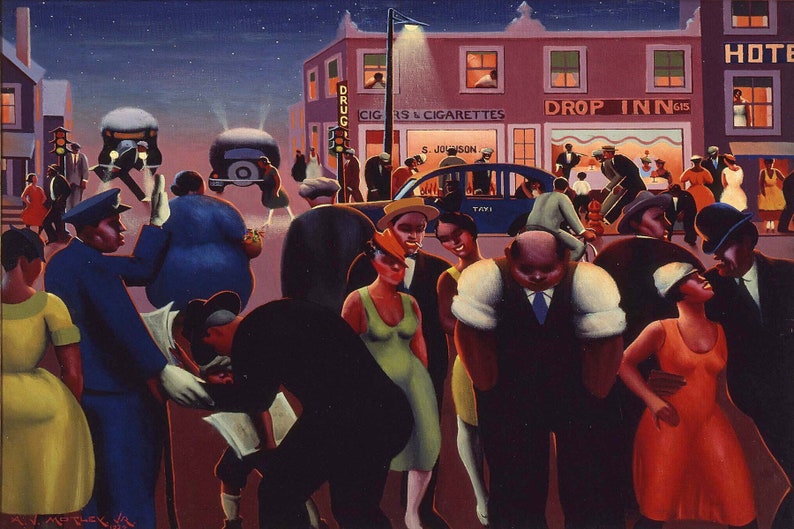 以下が含まれることがあります： 夜に賑わう街の通りを描いた絵画です。人々は歩き、話し、互いに交流しています。通りには車が駐車されており、タクシーが客を待っています。街灯と近くの建物の窓から光が差し込み、シーンを照らしています。絵画は写実的なスタイルで、人々や環境の詳細に焦点を当てています。