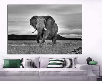 African elephant walking, black and white elephant print, Canvas Print. elephant wall art,elephant wall art, Wall art, large elephant canvas