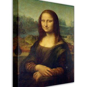 May include: A painting of the Mona Lisa, a famous portrait by Leonardo da Vinci. The woman in the painting is wearing a dark dress and has a soft smile on her face. The background is a landscape with mountains and water.