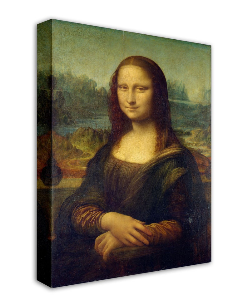 May include: A painting of the Mona Lisa, a famous portrait by Leonardo da Vinci. The woman in the painting is wearing a dark dress and has a soft smile on her face. The background is a landscape with mountains and water.