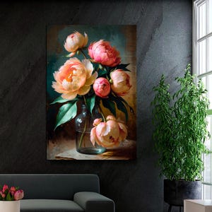 Moody Pink Peonies Painting Print, Vintage Floral Print, Flower Art, Canvas Print, Flower Fine Art Print, Large Wall Art Print Ready to Hang