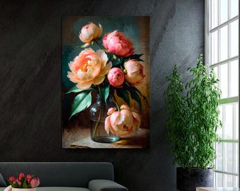 Moody Pink Peonies Vintage Floral Canvas Print, Ready to Hang