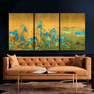 Chinese Dynasty Shan Shui 3-Panel Canvas Art Antique Asian Landscape Painting, Mountains & Rivers Wall Decor Japanese Wall Art Ready to Hang