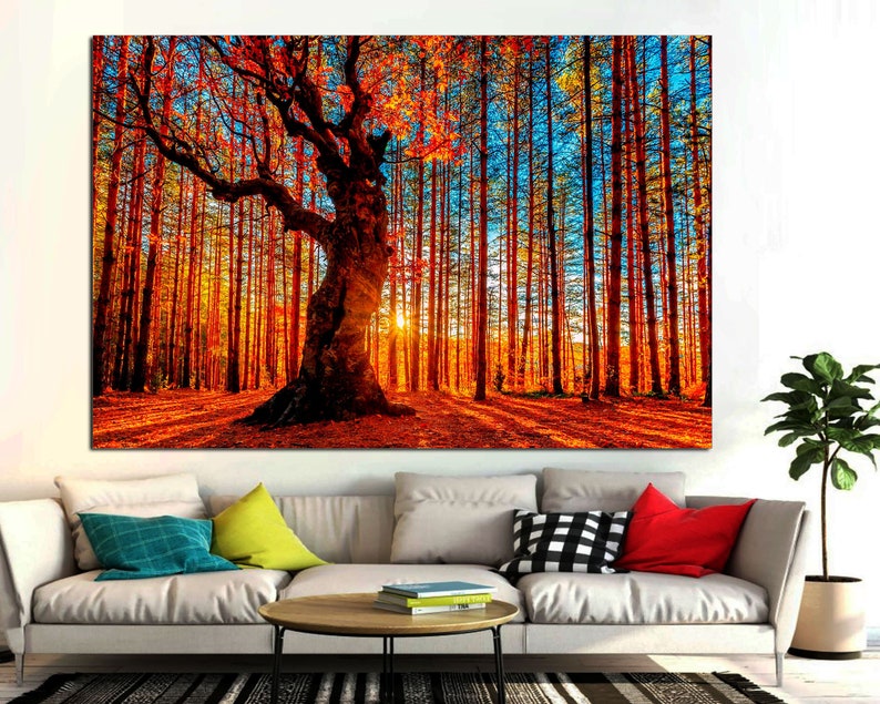 Autumn Forest Trees Sunset Fall Yellow and Red Leaves Canvas - Etsy