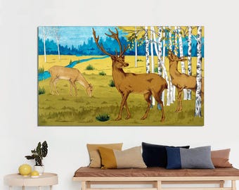 Vintage Deer Canvas Art Print, Woodland Wildlife Painting, Ready to Hang