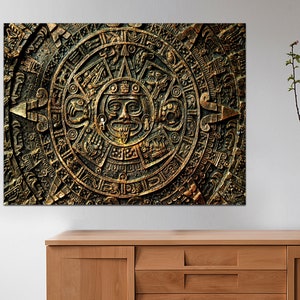 Mexican Artwork, Aztec Calendar, Mayan Canvas, Canvas Wall Art, Aztec Framed Canvas, Ancient Aztec Calendar Wall Canvas Art, READY TO HANG.