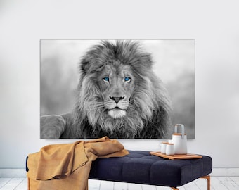 Blue Eyed Lion, Black and White Wild Animal Canvas Art, Ready to Hang