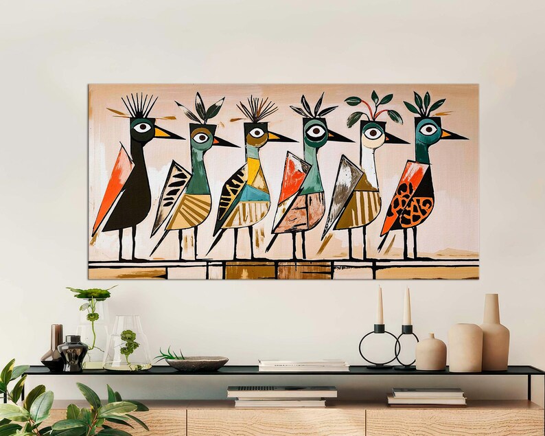 Mid Century Modern Birds on Wire Canvas Wall Art Framed Ready to Hang ...