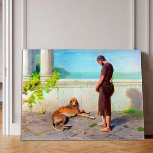 May include: A painting depicting a person wearing a brown tunic and cap standing barefoot on a stone terrace next to a reclining brown dog. The scene features white classical columns, green vines, and a view of the blue sea in the background.