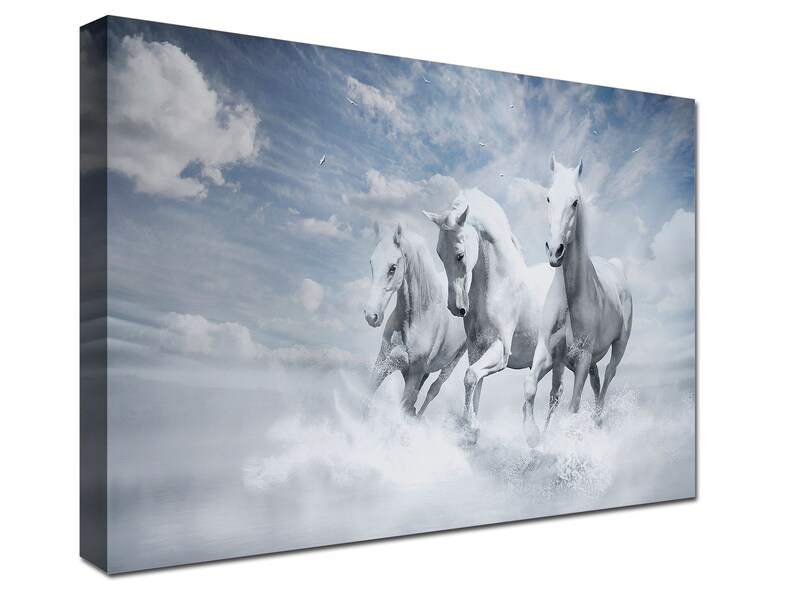 May include: Three white horses running through a misty, cloudy landscape. The horses are in mid-stride, with their manes flowing in the wind. The sky is a light blue, with fluffy white clouds.