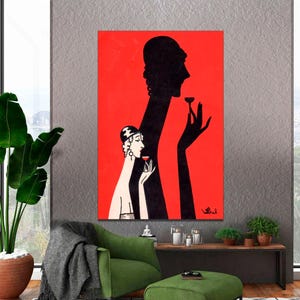 Póster de mujer y sombra bebiendo, impresión divertida de cóctel, póster de licores y vino, póster de alcohol, lienzo de arte mural de cócteles listo para colgar