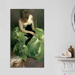 Woman in Green Dress with Black Cat, John White Alexander, Vintage Fine Art Print, Art Nouveau, The Green Dress, CANVAS Print READY To HANG.