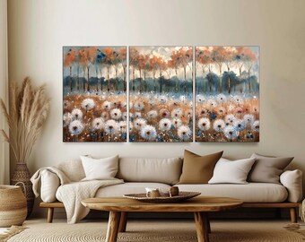 Brown Dandelion Canvas Wall Art, Modern Tree Theme, 3-Panel Split