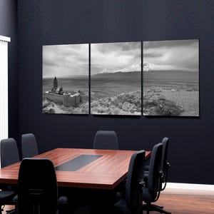 Armenia Wall Art 3-Panel Canvas Split, Mount Ararat & Khor Virap Monastery Armenian Culture Wall Art Black White Panoramic Art Ready to Hang