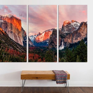 Lienzo dividido de 3 paneles, impresión artística de pared de Capitan Valley Yosemite, montañas y árboles, arte de pared del bosque, impresión artística de pared de Yosemite, arte de pared.
