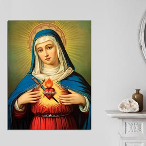 Immaculate Heart of the Virgin Mary, Mother Mary Painting, Catholic Wall Art Print, Lady of Grace Heart of Mary Vintage CANVAS Ready to Hang
