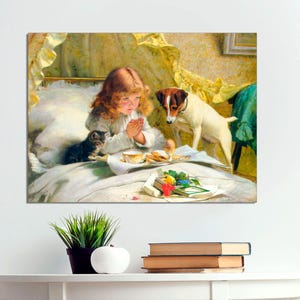 Charles Burton Barber, Suspense Art, Girl, Cat and Dog Praying, Terrier Dog Art, Childs Room Decor, Pets in Art, CANVAS Print Ready to Hang