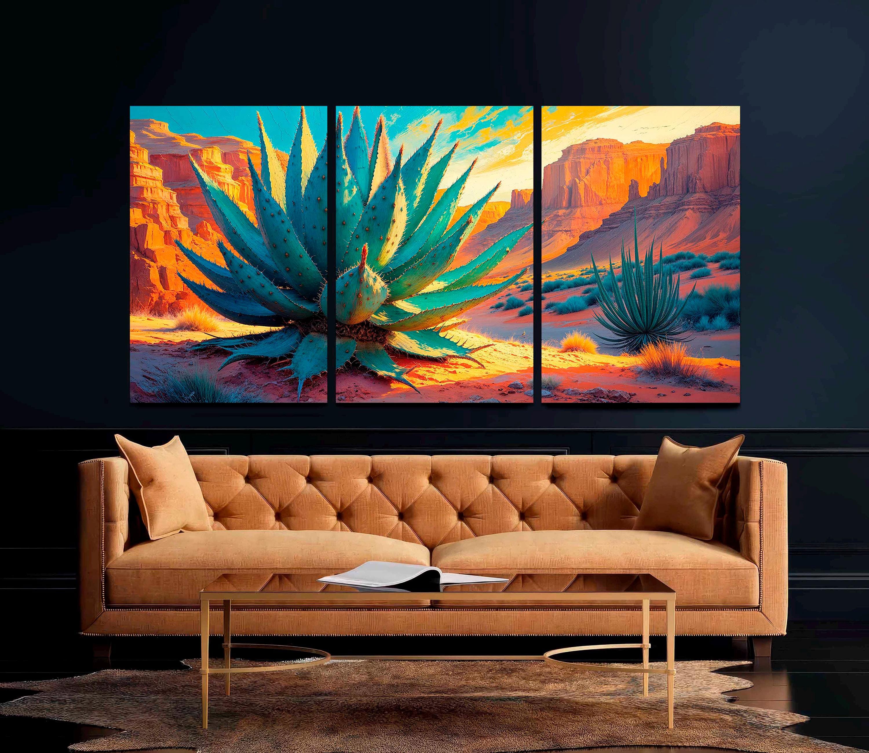 Agave Desert Canvas Print, Phoenix Sunset, Triptych Southwestern Wall ...