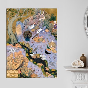 Concourse of The Birds - Habiballah of Sava, Traditional Persian Miniature, Iranian Art, Vintage Bird Art, Bird Art, CANVAS READY to HANG.