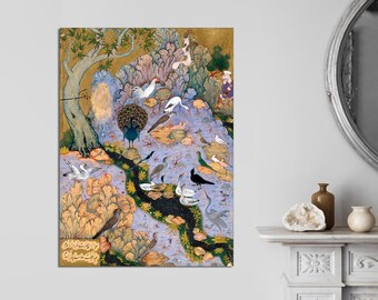 Persian Miniature Bird Art Canvas Print – Vintage Iranian Painting