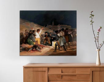 May include: A painting depicting a scene of chaos and violence. A group of people are gathered in a dark, shadowy street, some of them are armed with guns. A man lies dead on the ground, surrounded by blood. The painting is a powerful and disturbing depiction of the horrors of war.