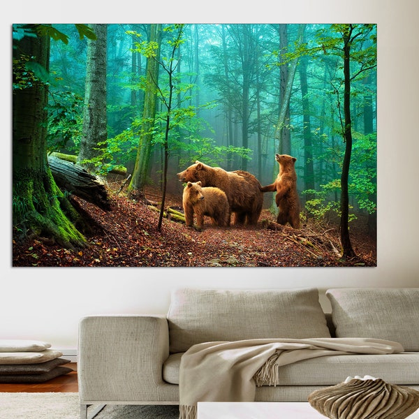 Brown Bear Wall Art, Cute Animal Canvas Print of Mother and Cub in Old-Growth Forest Picture, Adorable Family Wildlife Decor, Ready to Hang.