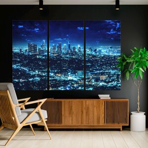 3-Panel Canvas, Los Angeles Skyline Wall Art Canvas Print at Dusk with Dramatic downtown LA look Wall Art Office Art, CANVAS Ready to Hang.