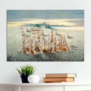 May include: A vintage painting depicting a naval battle scene with multiple ships in a sea of blue and white. The ships are sailing in a formation with smoke and fire in the background.