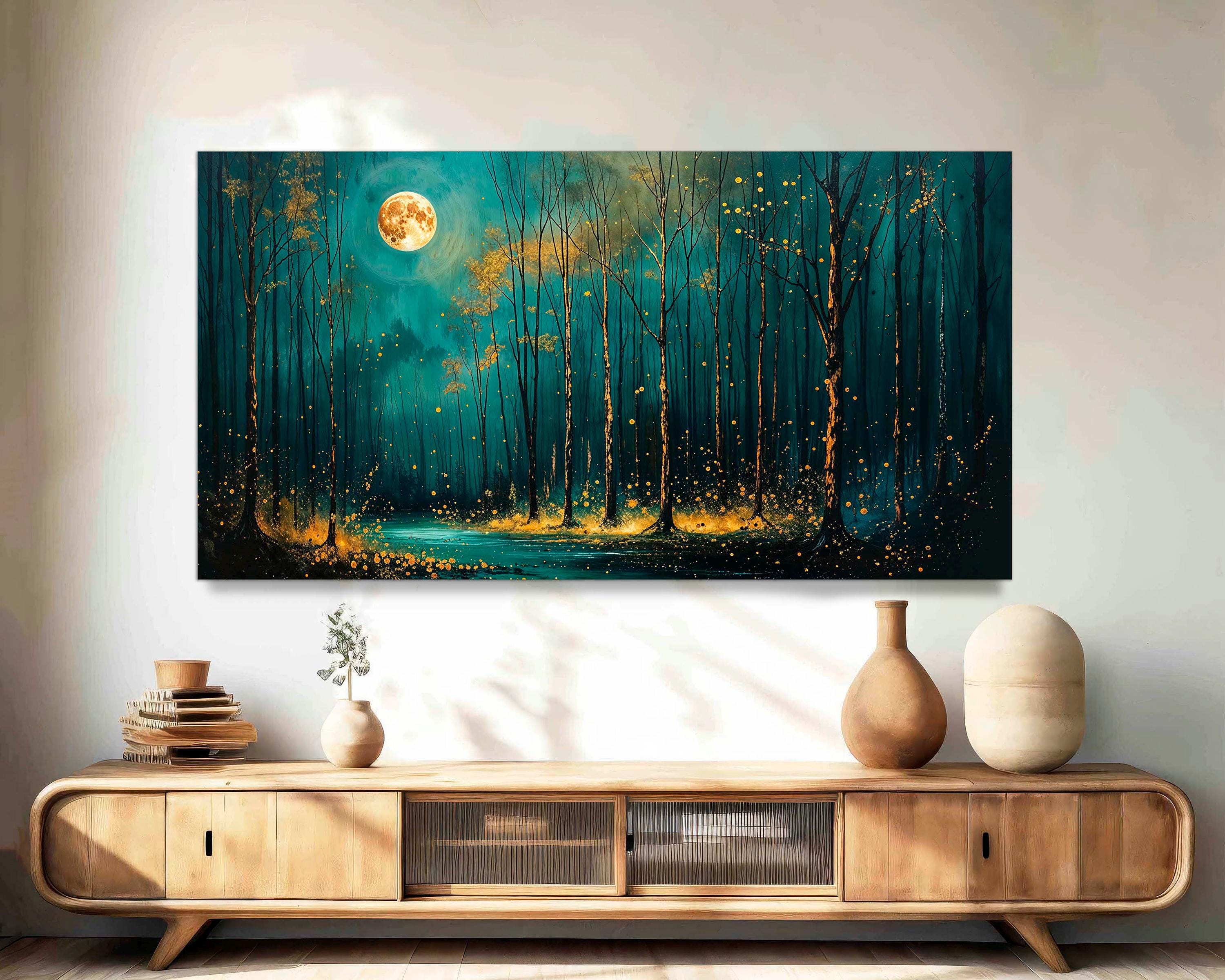 Vintage Moon Stars Canvas Art, Dark Forest Landscape, Ready to Hang