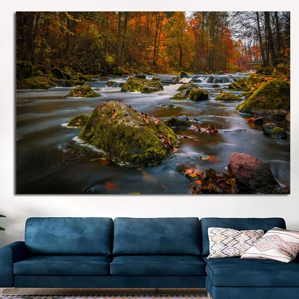 Nature Landscape, Autumn Colors, Forests Trees River Rocks,  Large Wall Art Print, Lake Canvas Print,Wall art, Art Canvas Print, large art.